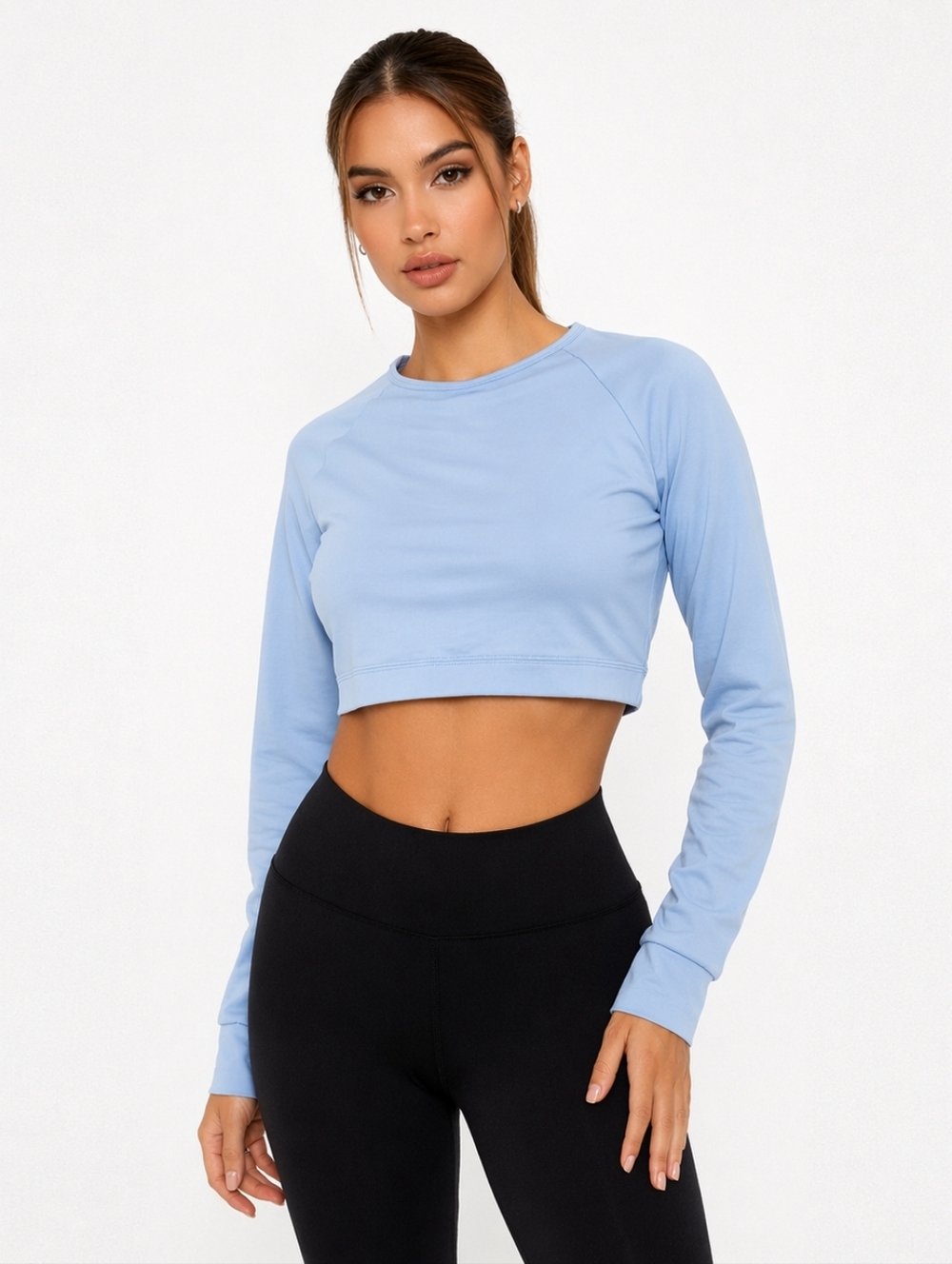 Nasty Gal Powder Blue Cropped Long Sleeve Top Open Back Athleisure Y2K Size 8